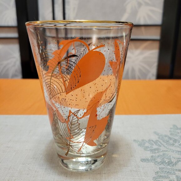 VTG Dominion Glass Etched Tumblers MCM Orange & Gold Leaves Pattern - Picture 2 of 5